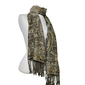 Gold Paisley Shawl Metallic Jacquard Fringe Wrap Scarf Boho Festival Gypsy Chic